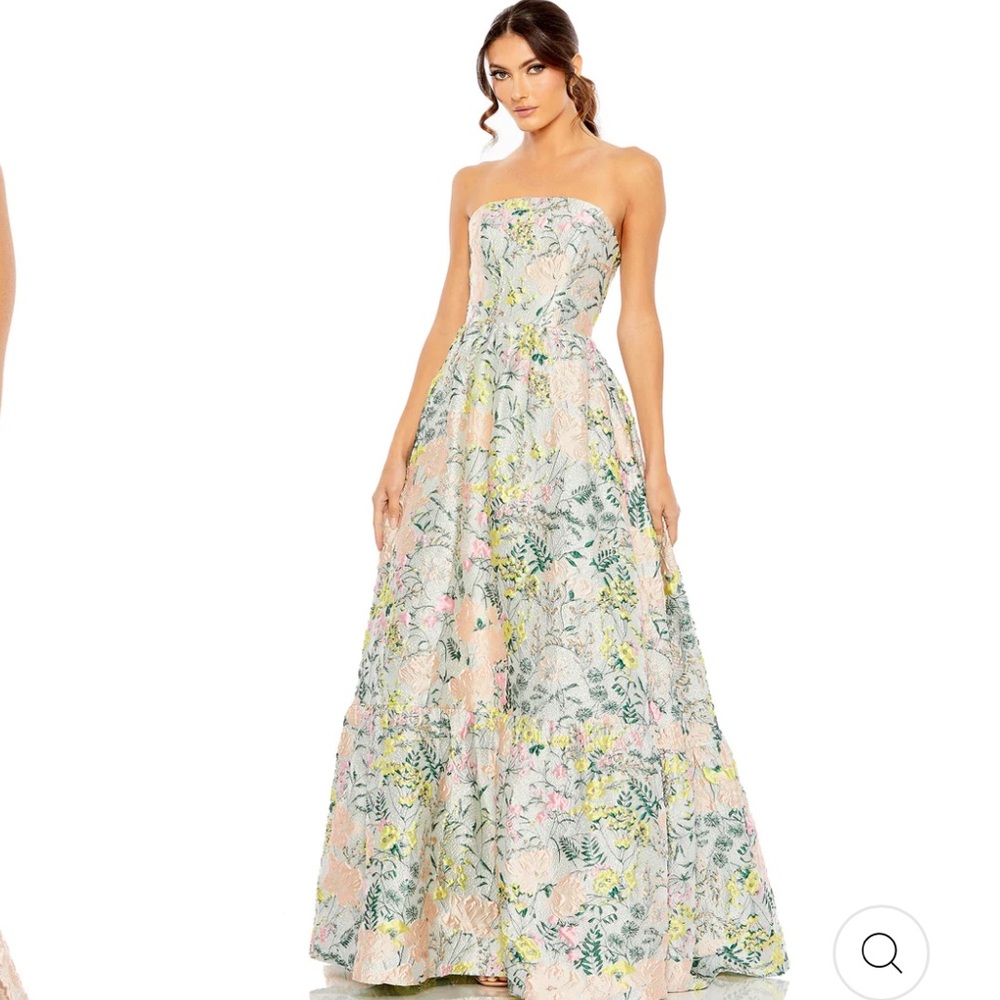 Mac Duggal Floral Brocade Strapless A Line Gown
